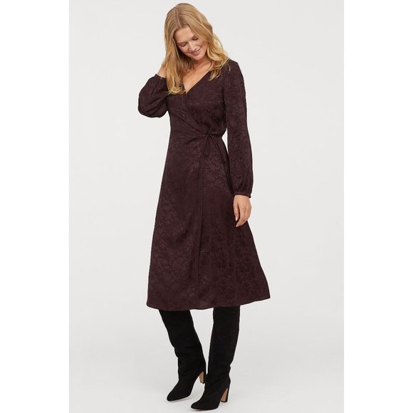 H&M Size 6 Plum Wine Jacquard Weave True Wrap Long Sleeve Wrap Midi Dress - Picture 1 of 10